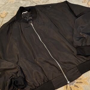 Black Bomber Jacket with Ribbed Collar and Elastic Cuffs